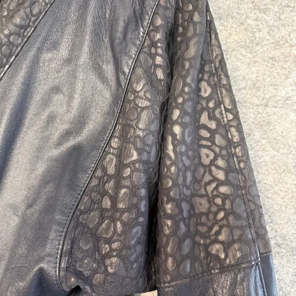 Vtg Oscar Leopold Deep Navy Animal Print Panels Retro Genuine Leather Jacket P/S - Picture 5 of 11